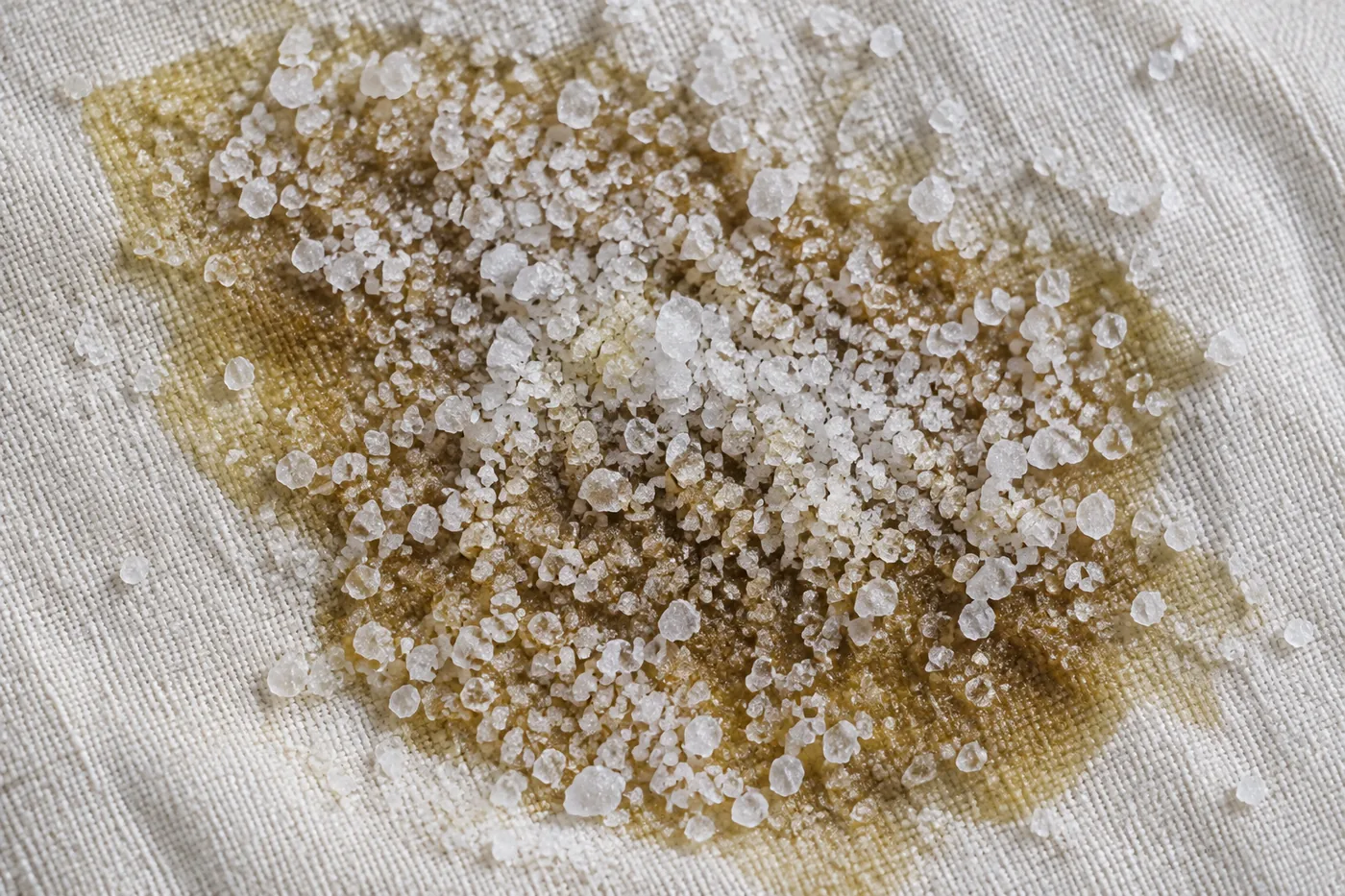 Жирное пятно на ткани, засыпанное солью